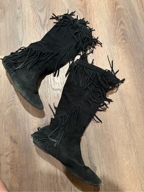 Vintage Sam Edelman Black Suede Fringe Boots